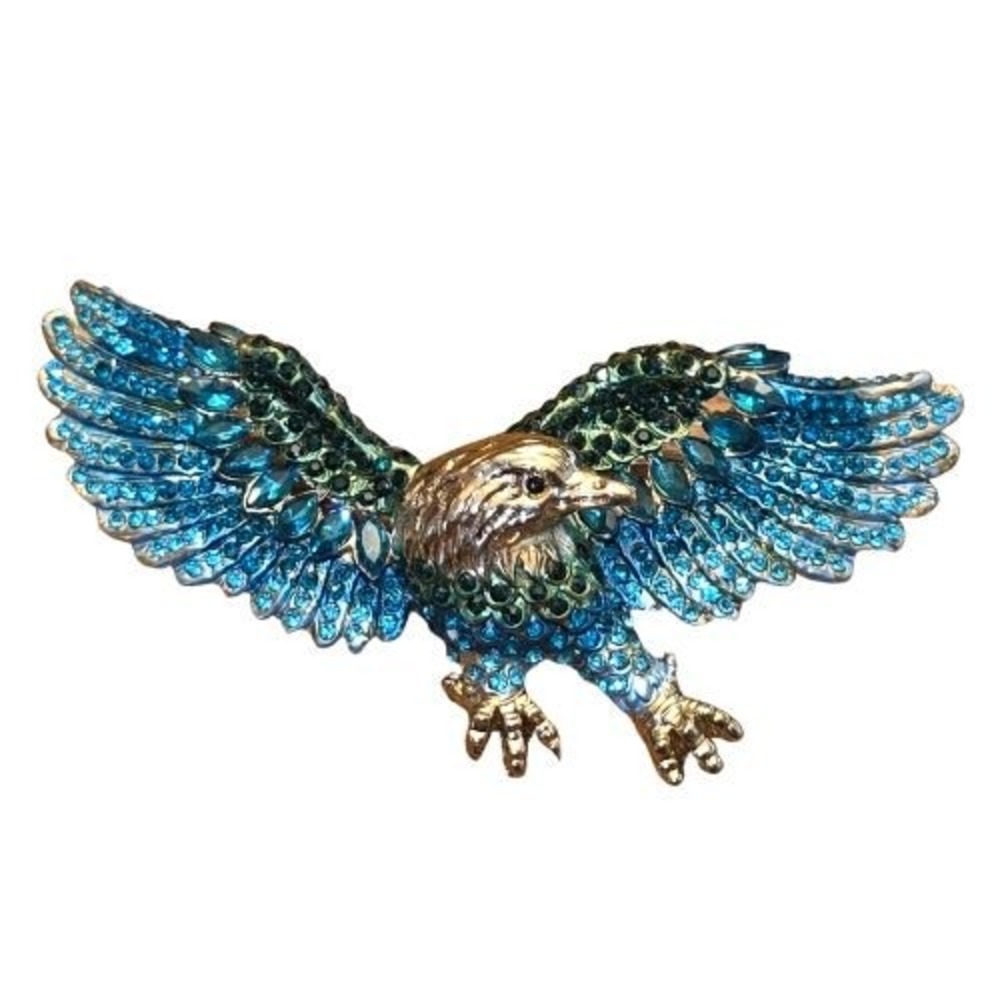 Blue Teal Rhinestone Bald Eagle Brooch Gold Tone Patriotic Bird Statement Pin 3"